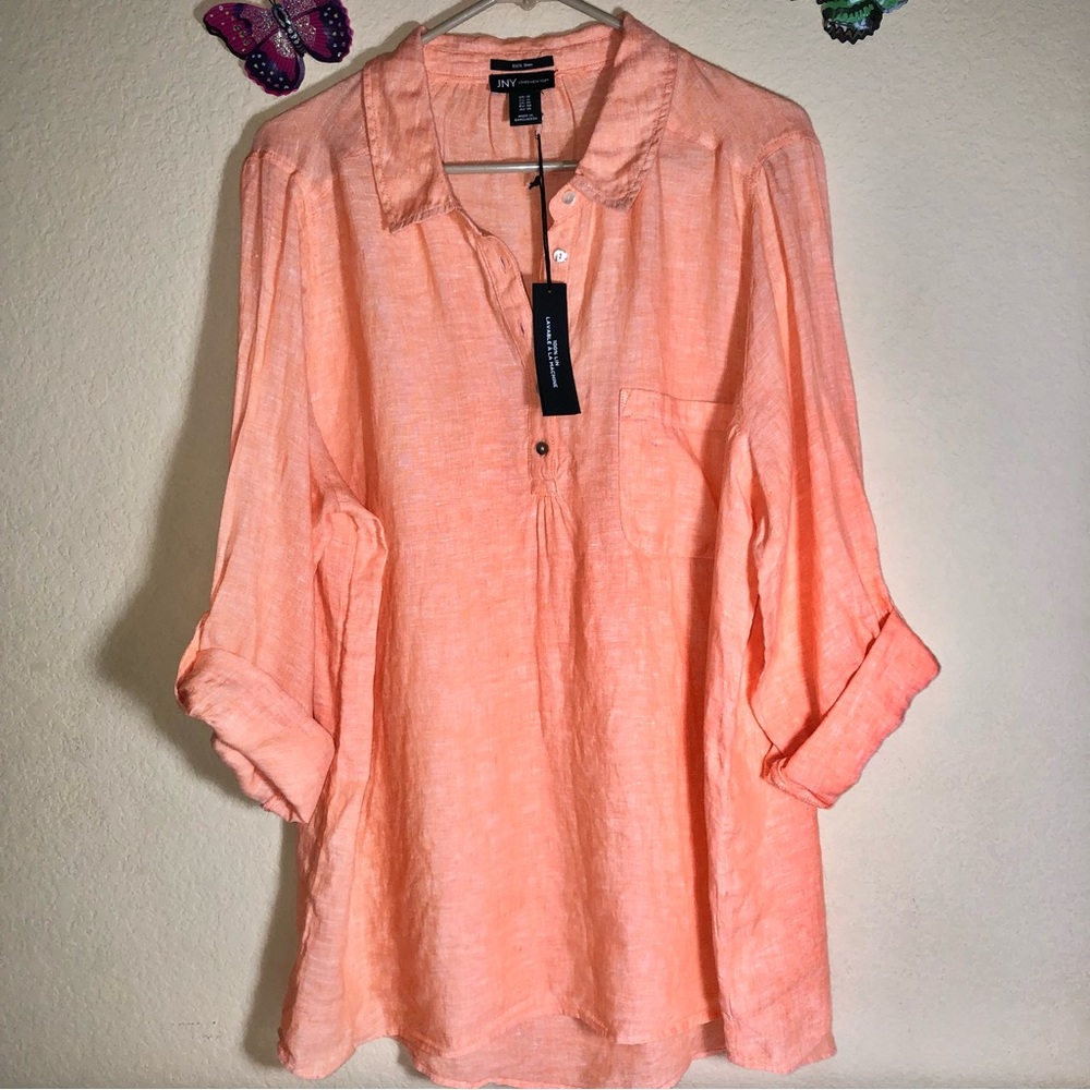 JNY Jones New York 100% Linen Blouse, NWT, Tangerine in color,pet/smoke free